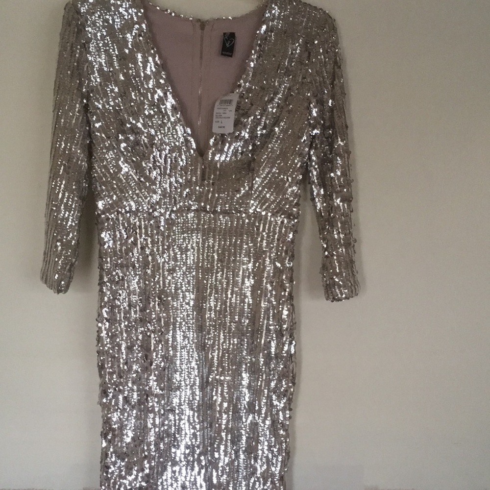 Silver Sequin Plunge Neckline Dress NWT